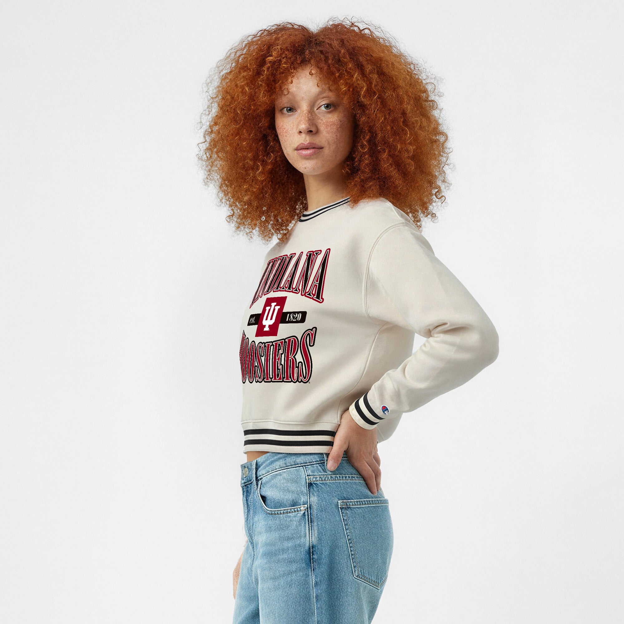 Women's Champion White Indiana Hoosiers Yarn Dye Rib Reverse Weave Crew Sweatshirt